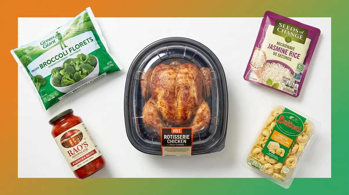 15 Shortcuts To Get Dinner On The Table Fast Tonight 2 Store-bought dinner shortcuts — rotisserie chicken, frozen vegetables, jarred sauce, tortellini, and rice pouches on a counter
