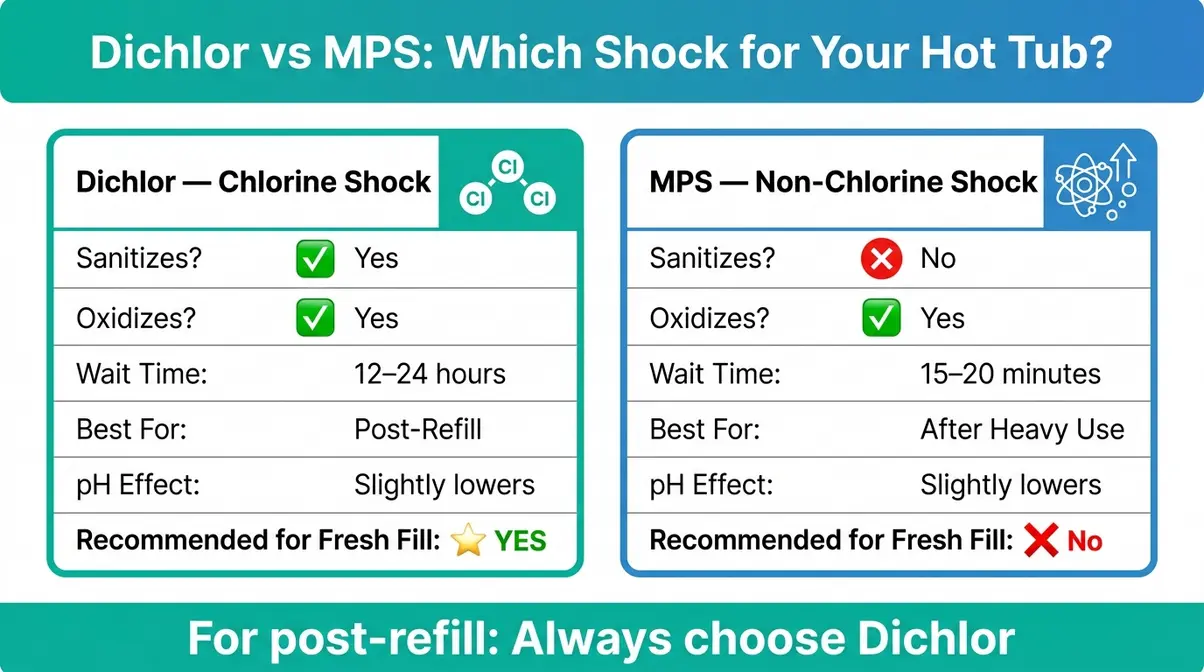 Side by side comparison card showing Dichlor chlorine shock versus MPS non-chlorine shock for hot tub post-refill use
