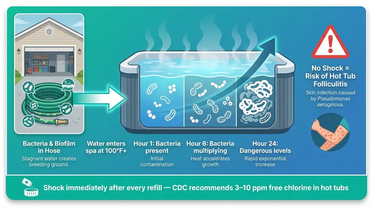 Infographic showing fresh tap water bacteria journey from garden hose into hot tub without shocking after refilling