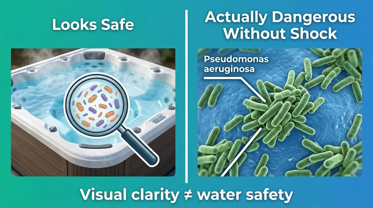 Split image showing visually clear hot tub water hiding dangerous Pseudomonas bacteria without proper shocking after refilling