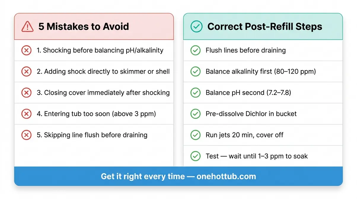 Hot tub post-refill safety checklist card showing five shocking mistakes to avoid and correct procedure steps