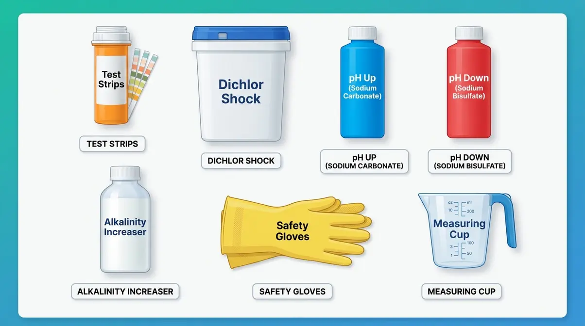 Flat-lay of hot tub refill supplies including test strips Dichlor shock pH chemicals and rubber gloves