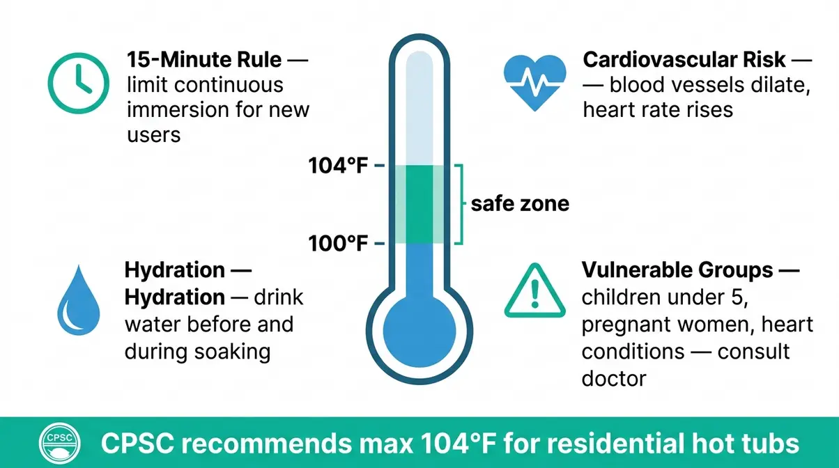 Hot tub safety usage limits infographic showing 15-minute rule temperature limits and health risks for vulnerable groups