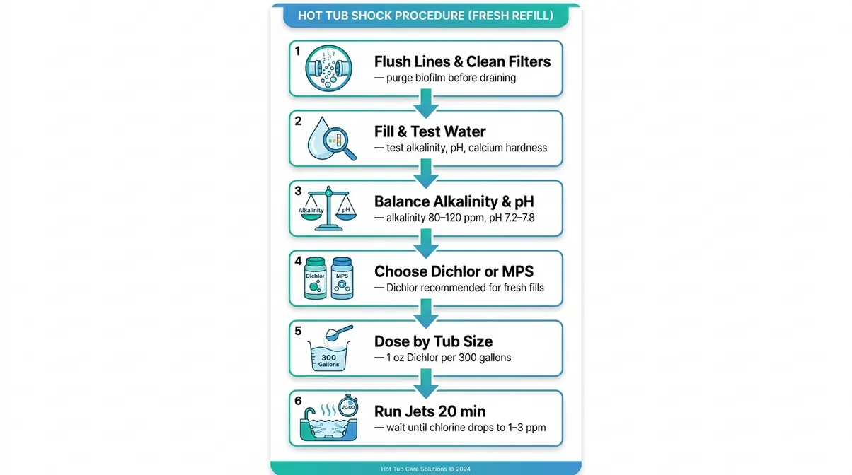 Six step infographic showing how to shock hot tub after refilling from flushing lines to running jets safely