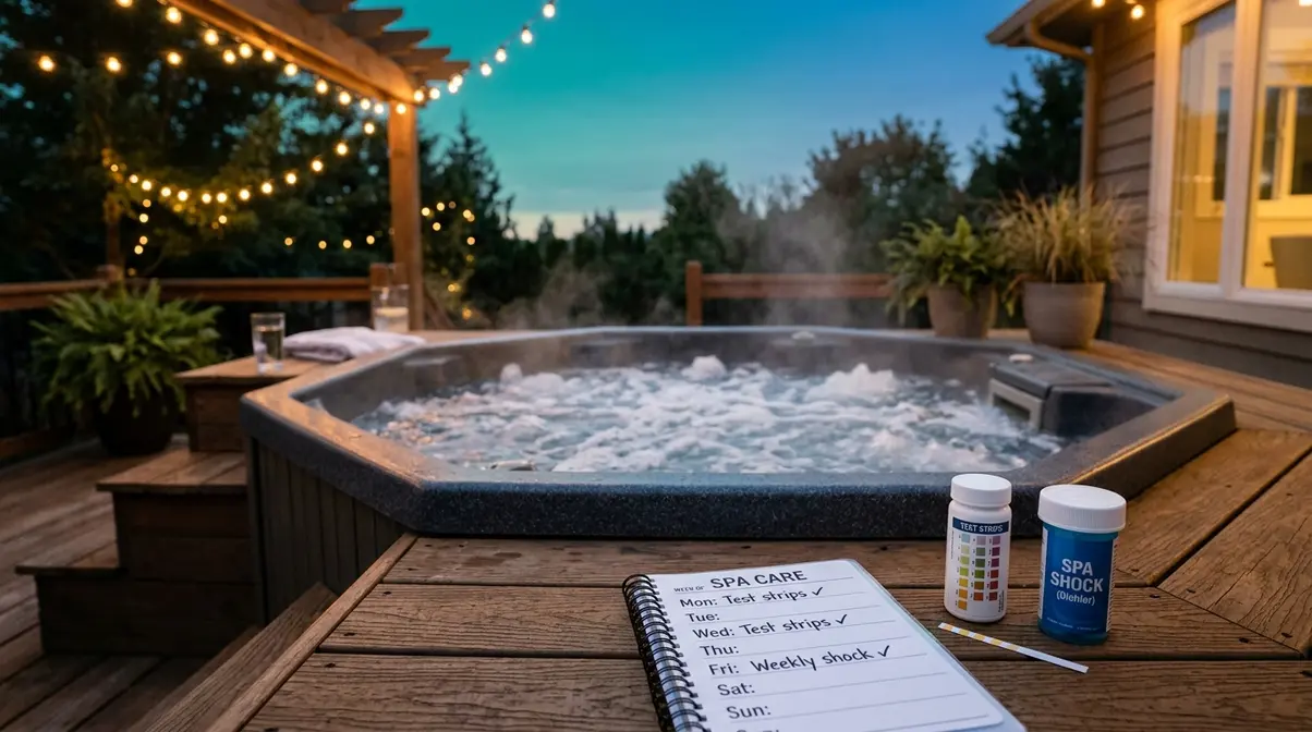Hot tub on wood deck with weekly shock maintenance schedule notepad and test strips showing regular post-refill care routine