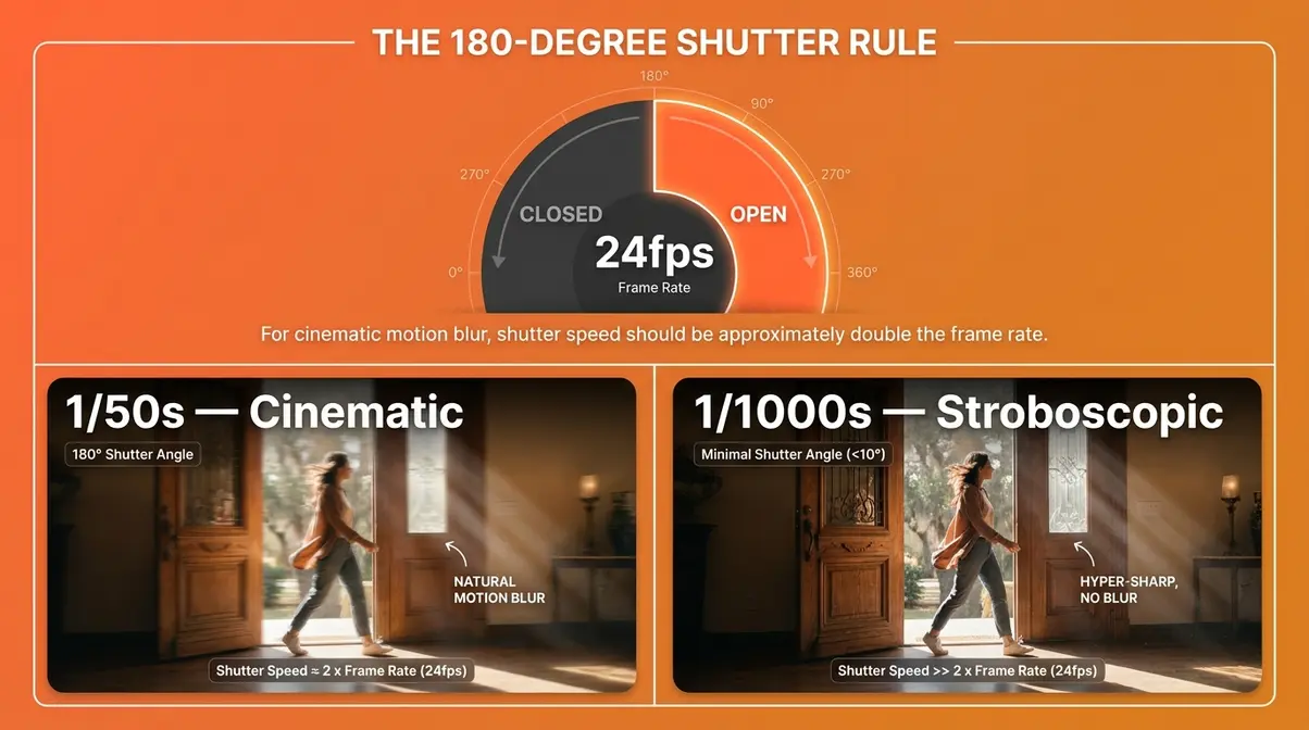180 degree shutter rule video diagram showing cinematic motion blur at 1/50s versus stroboscopic effect at 1/1000s