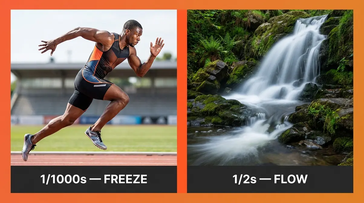 Fast versus slow shutter speed comparison showing frozen athlete at 1/1000s and silky waterfall motion blur at half second