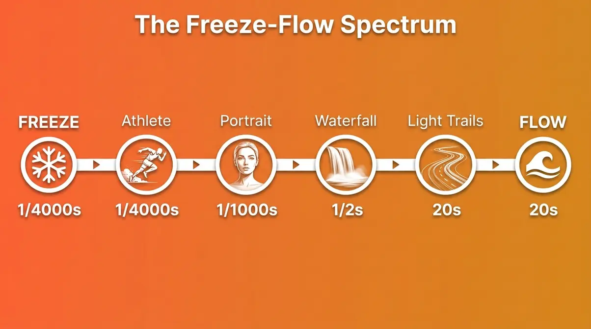 Shutter speed freeze flow spectrum diagram showing values from 1/4000s to 30s for beginner photographers