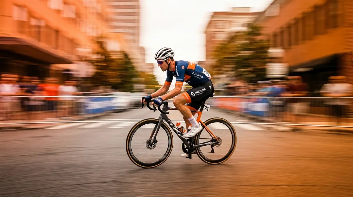 Panning photography technique showing sharp cyclist against blurred streaking background conveying motion and speed