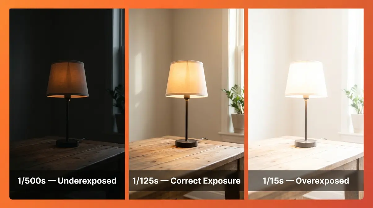 Shutter speed brightness comparison strip showing underexposed dark to overexposed bright across three exposures