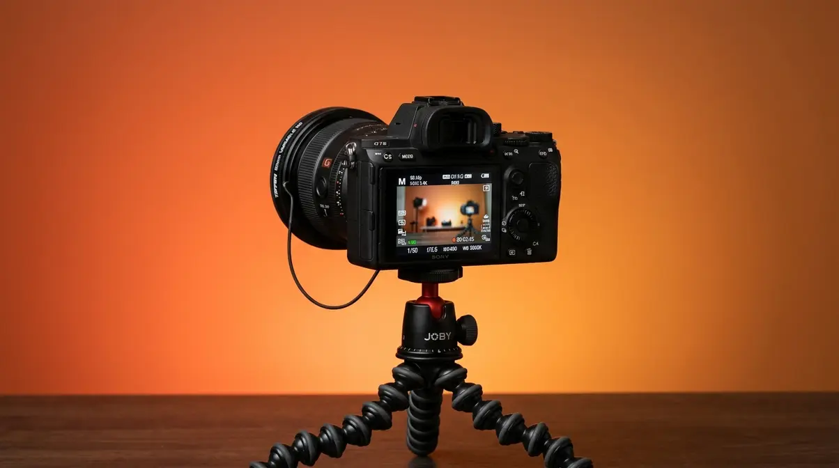 Mirrorless camera with ND filter on tripod set up for cinematic video using 180 degree shutter rule settings