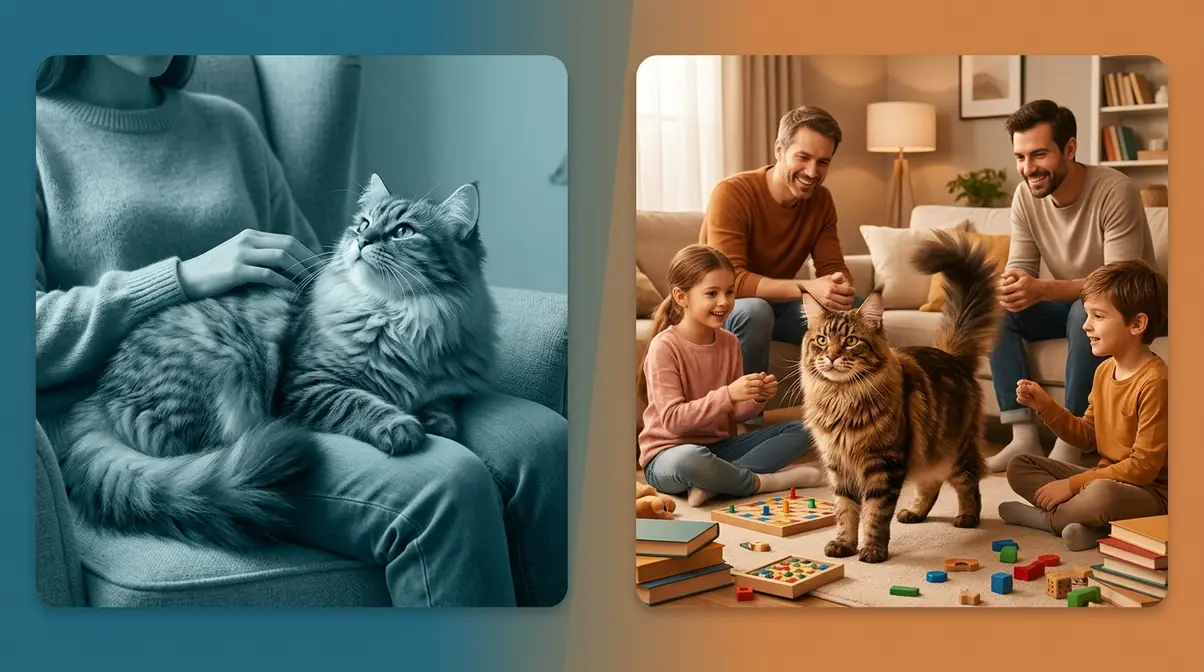 Siberian cat bonding with one person on a lap versus Maine Coon interacting with a whole family in a living room