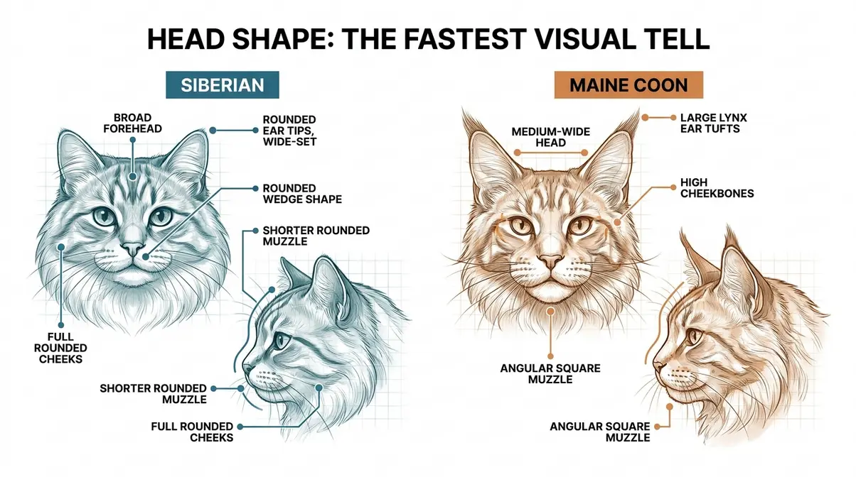 Siberian cat vs Maine Coon head shape facial features annotated diagram with labeled breed markers