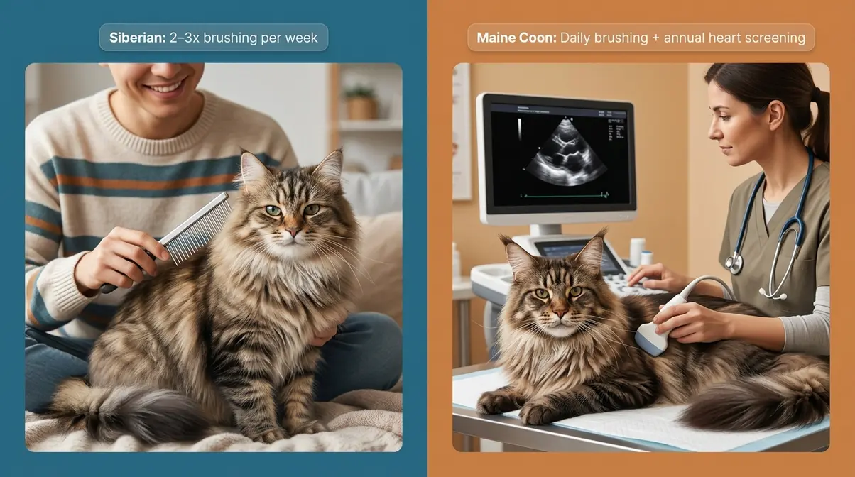 Siberian cat being brushed at home and Maine Coon receiving veterinary heart screening showing breed care differences