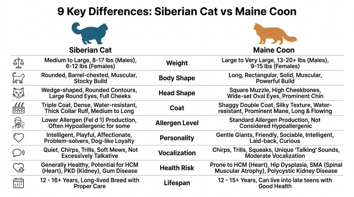 Siberian cat vs Maine Coon nine key differences comparison infographic with breed silhouettes and color-coded columns