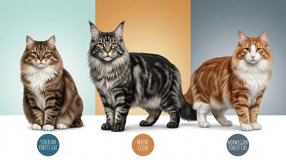 Siberian cat Maine Coon and Norwegian Forest Cat three-way comparison portrait showing distinct breed differences