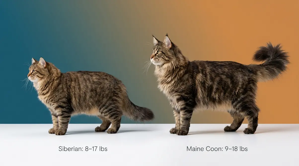 Siberian cat and Maine Coon full body comparison showing size and body shape differences side by side