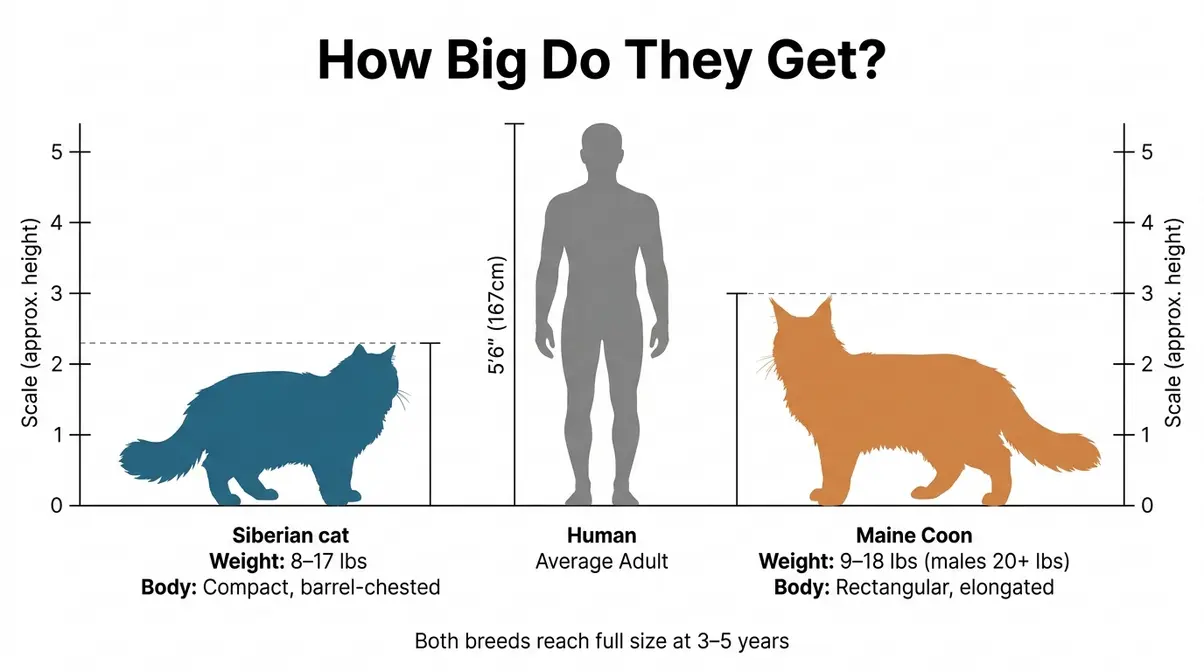 Siberian cat vs Maine Coon size comparison scale infographic showing both breeds next to human silhouette with weight labels
