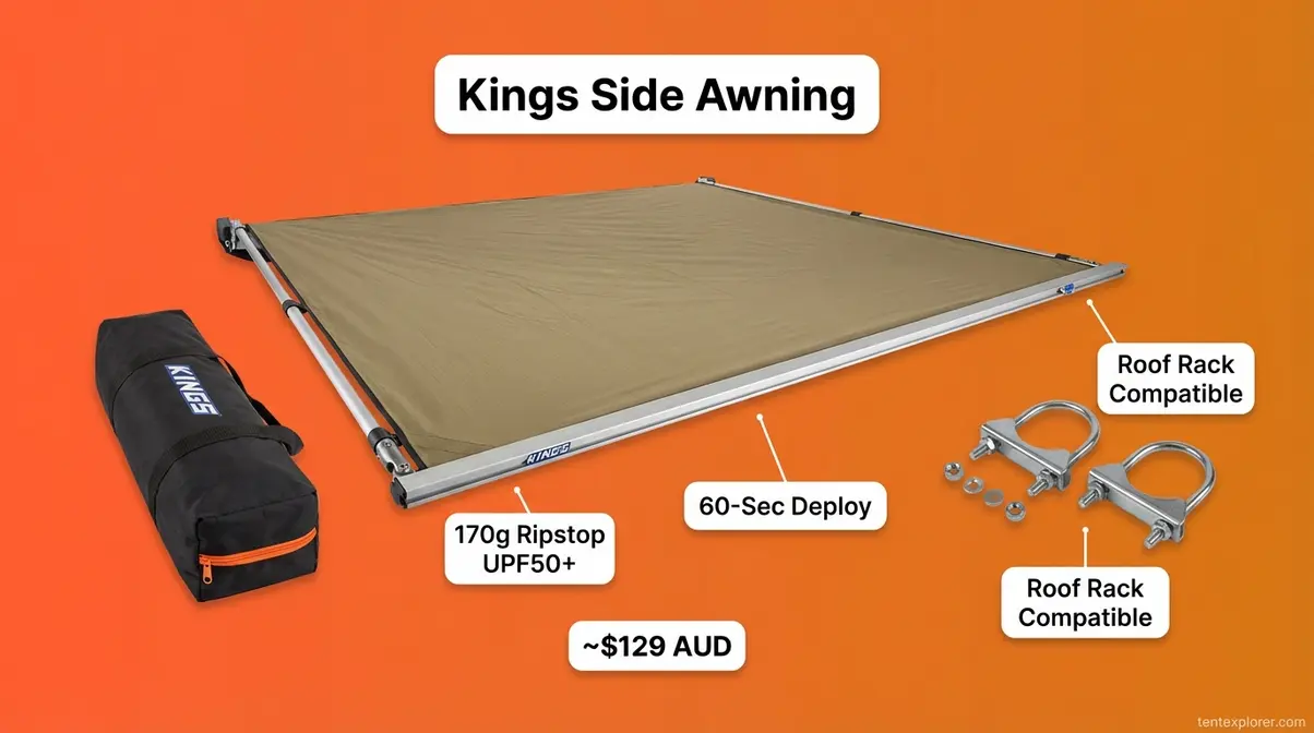Kings vehicle side awning with anodized alloy arms and UPF50 ripstop polyester canopy for roof rack mounting