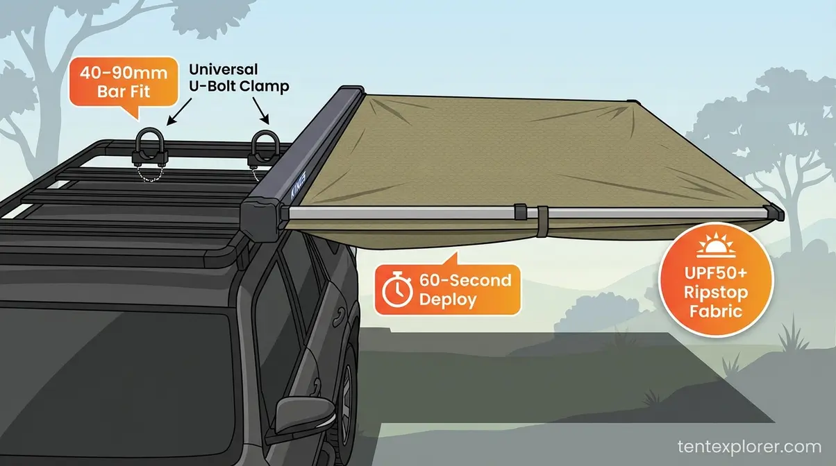 Kings side awning mounted on SUV roof rack fully extended showing U-bolt clamp system and camping shade coverage
