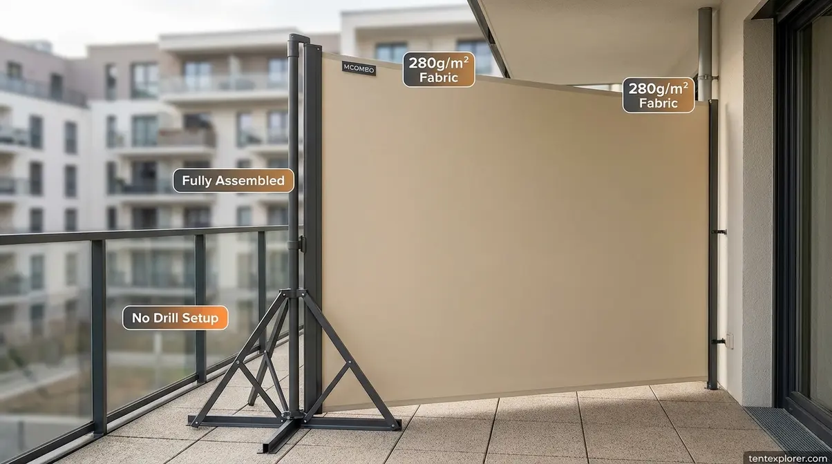 MCOMBO retractable side awning installed on apartment balcony showing freestanding privacy screen with no-drill setup