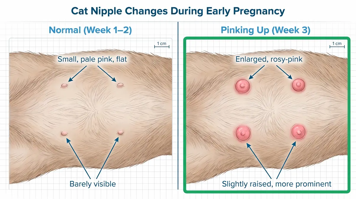Illustrated diagram comparing normal cat nipples versus pinking up at week three of pregnancy
