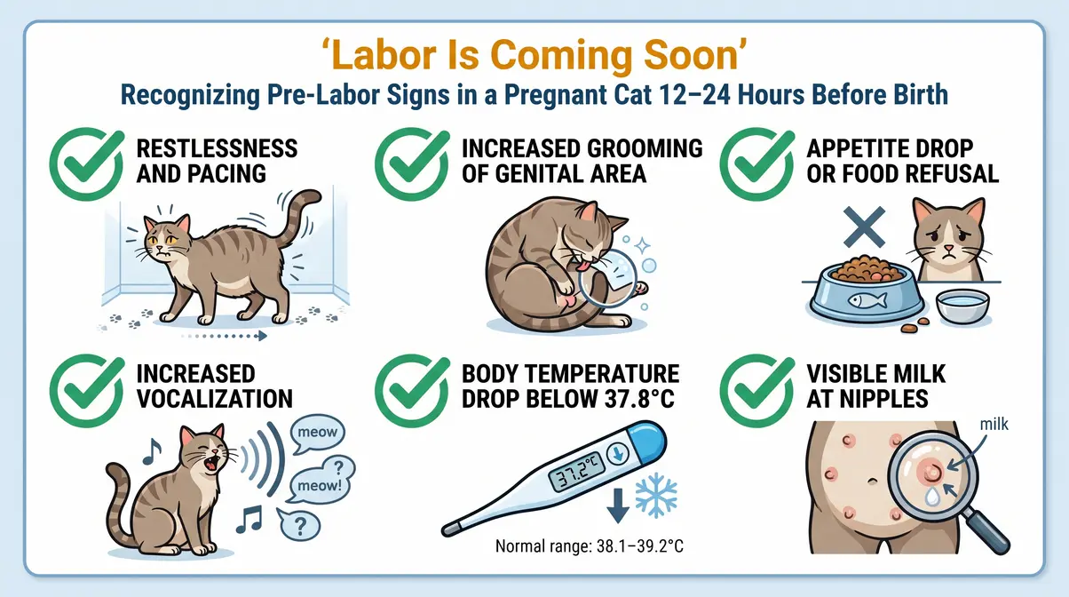 Illustrated checklist of pre-labor signs in a pregnant cat in the 12 to 24 hours before birth