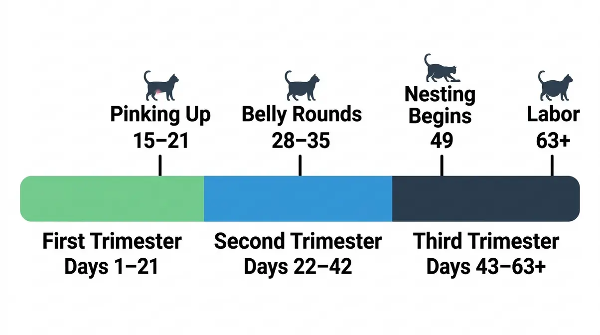 Illustrated timeline of cat pregnancy trimesters from day one to birth at 63 to 65 days