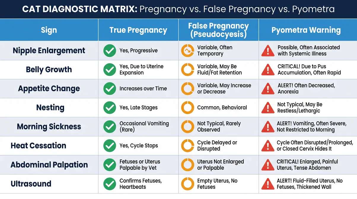 Diagnostic matrix comparing true cat pregnancy versus false pregnancy and pyometra warning signs