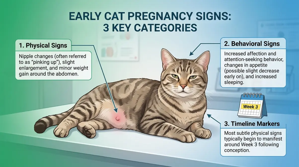 Illustration of three early cat pregnancy sign categories — physical, behavioral, and timeline markers