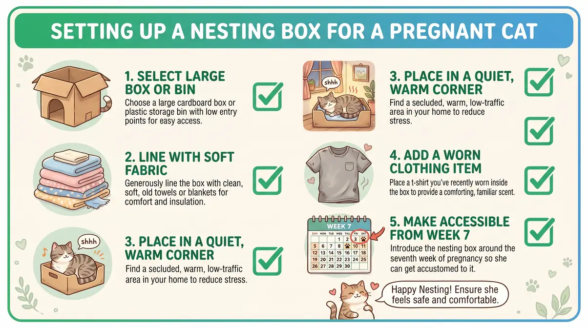 Illustrated checklist infographic for setting up a safe nesting box for a pregnant cat before labor