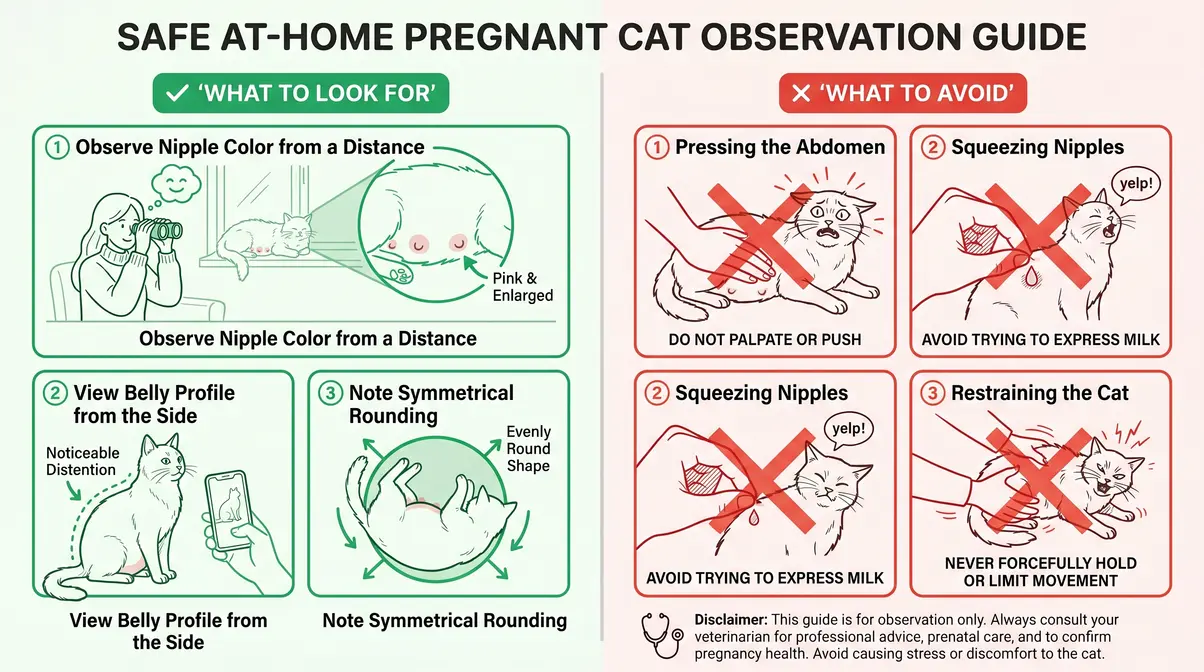 Illustrated diagram showing safe home observation methods for checking if a cat is pregnant