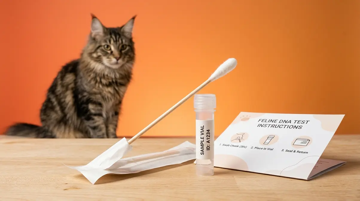 Feline DNA test kit with cheek swab and collection vial for confirming Maine Coon mix ancestry