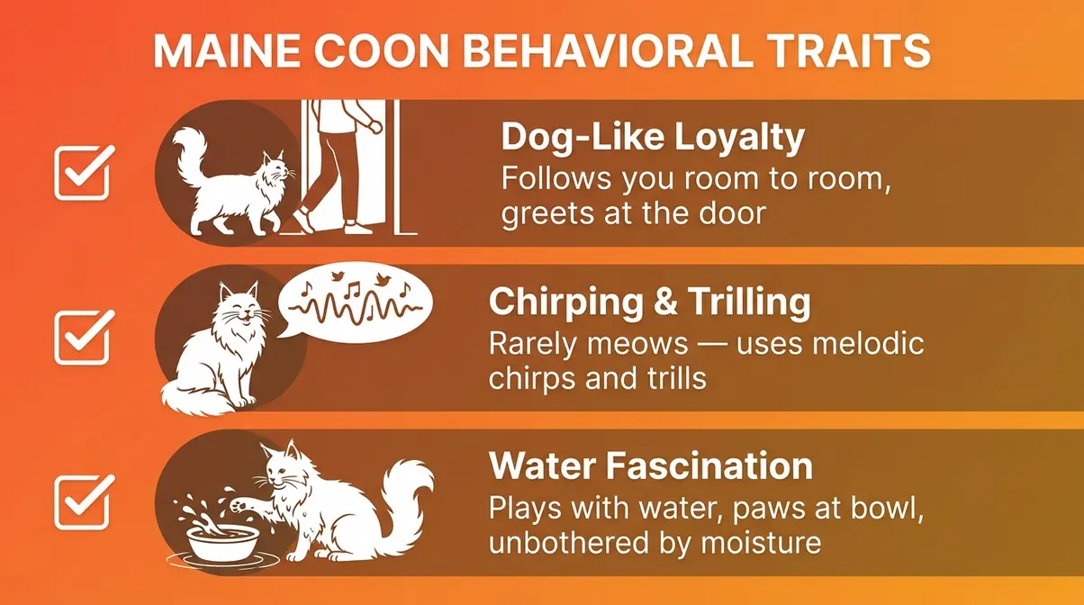 Illustrated checklist of three Maine Coon mix behavioral signs: dog-like loyalty, chirping vocalizations, and water fascination