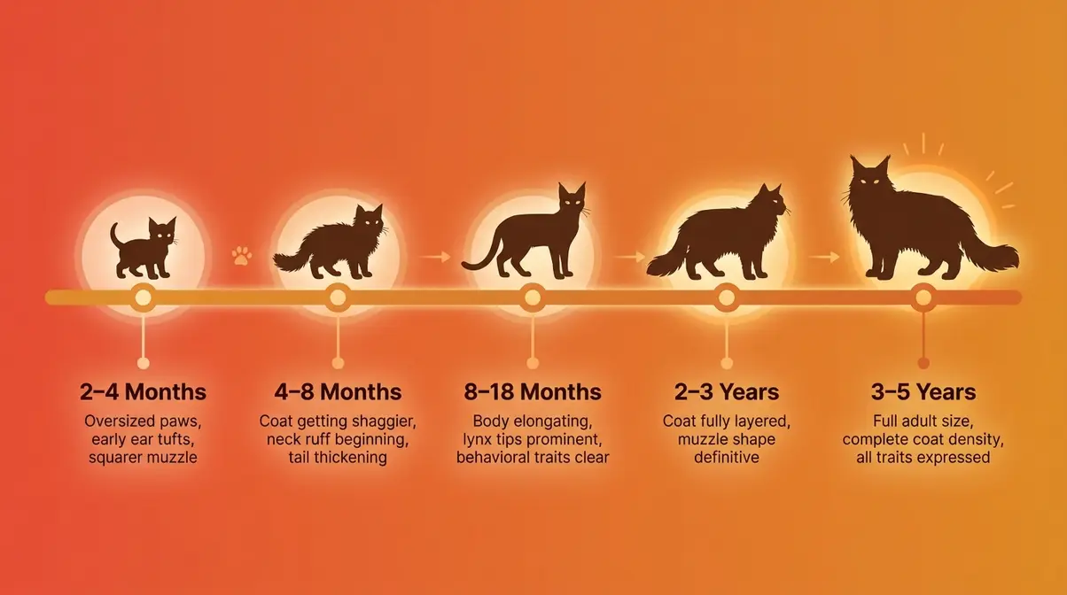Maine Coon mix growth timeline chart showing trait development from two months to five years with coat and muzzle milestones