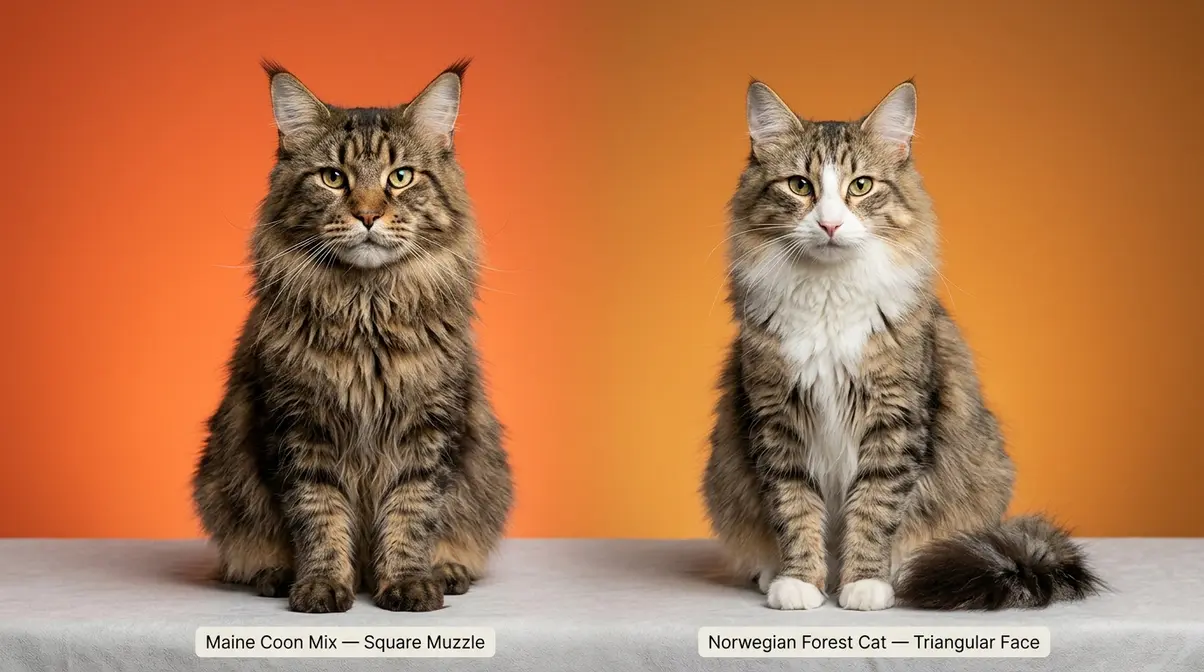 Side-by-side comparison of Maine Coon mix with square muzzle versus Norwegian Forest Cat with triangular face