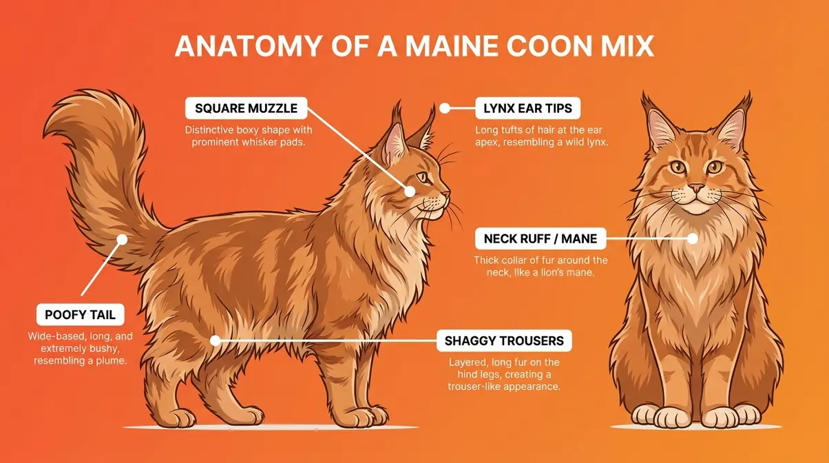 Labeled anatomy diagram of a Maine Coon mix showing square muzzle, lynx ear tufts, neck ruff, shaggy coat, and poofy tail