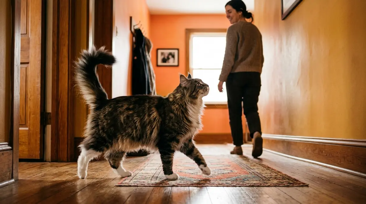 Maine Coon mix cat following owner through hallway demonstrating dog-like loyalty behavioral trait