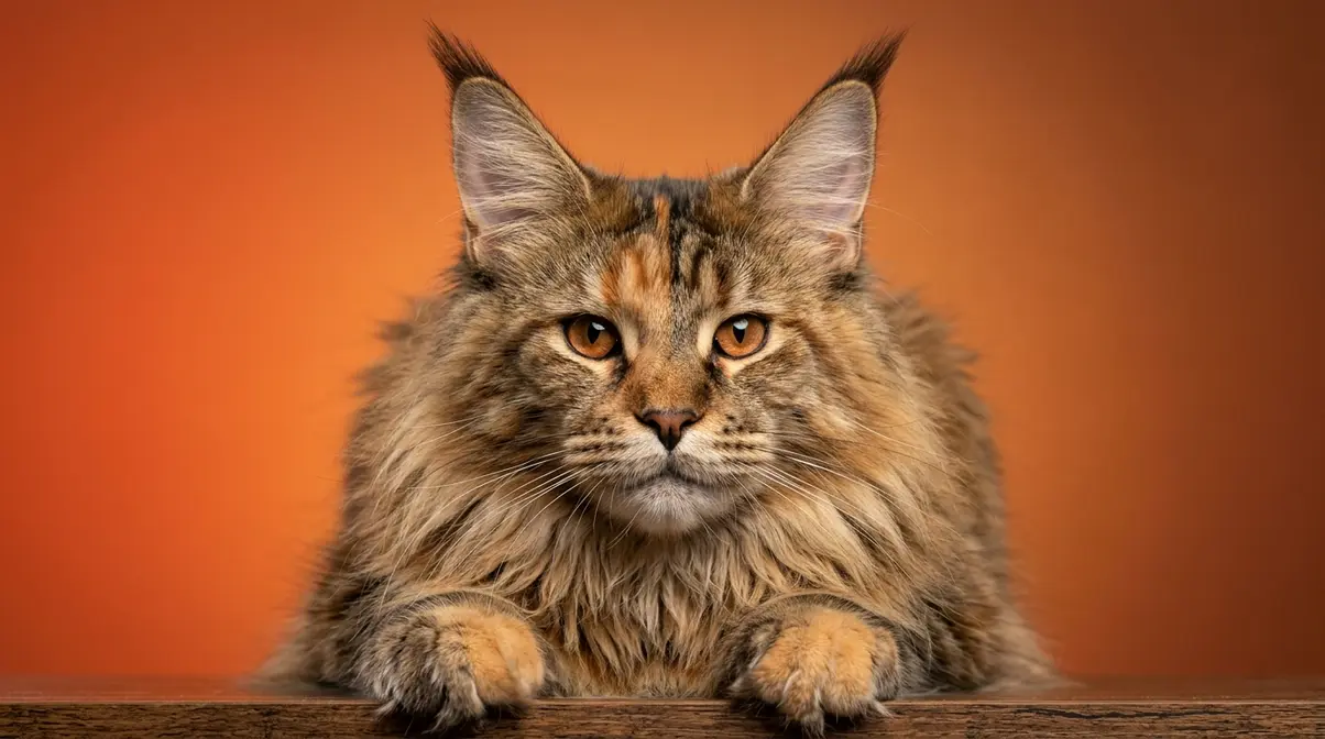 Close-up of Maine Coon mix showing square muzzle, lynx ear tips, neck ruff, and large tufted paws