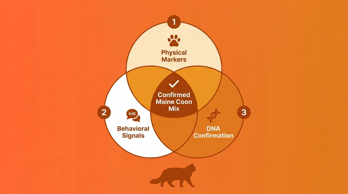 Trait Trifecta framework diagram showing three overlapping circles for physical markers, behavioral signals, and DNA confirmation of Maine Coon mix
