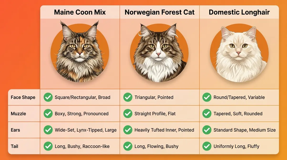 Side-by-side comparison chart of Maine Coon mix, Norwegian Forest Cat, and Domestic Longhair showing face shape and coat differences