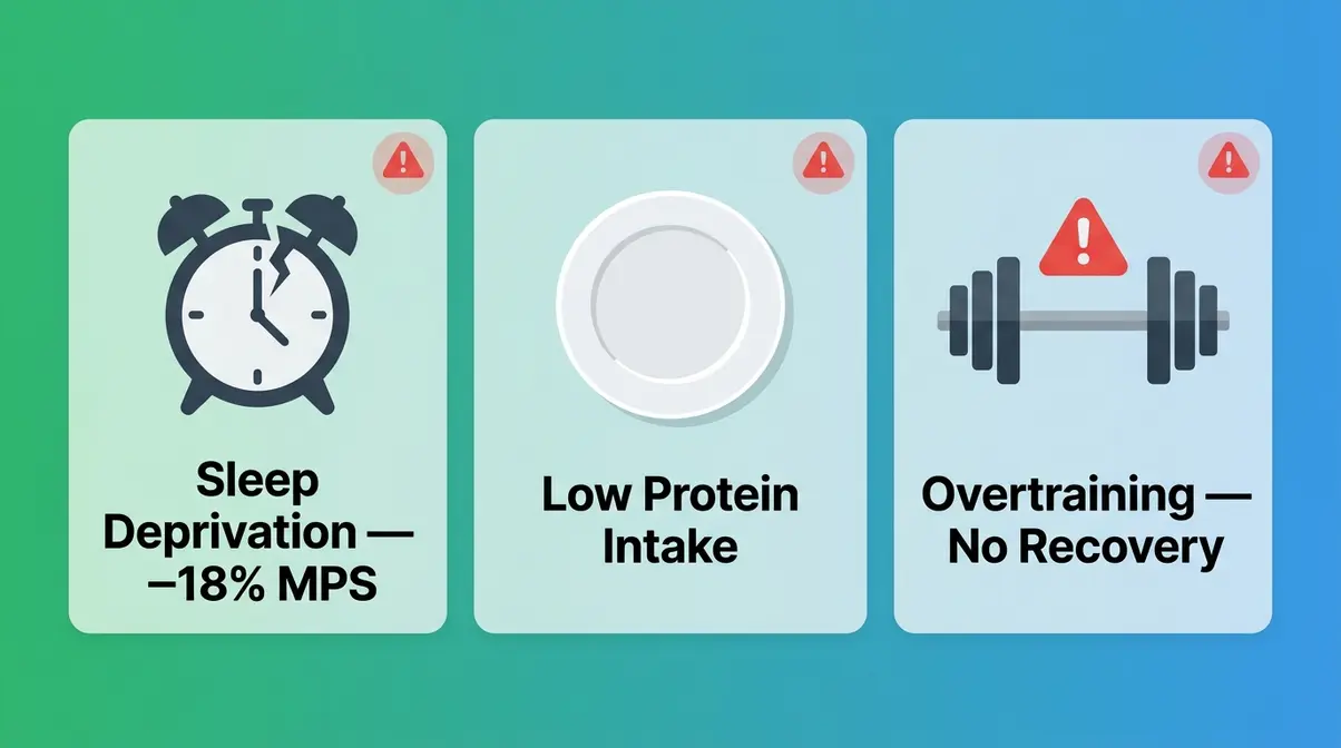 Three gain killers that blunt muscle hypertrophy — sleep deprivation, low protein, and overtraining illustrated