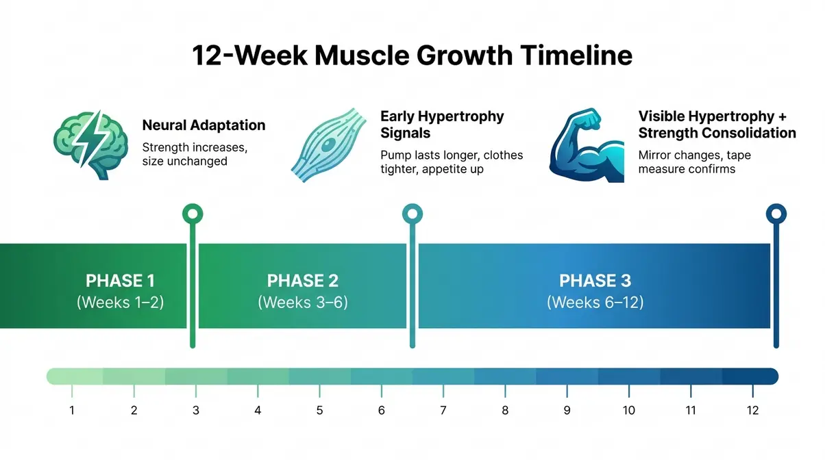 12 week muscle growth timeline showing when signs your muscles are growing appear by phase