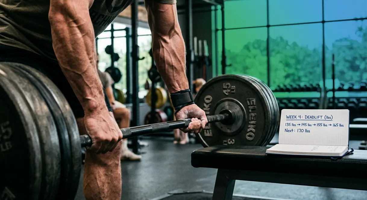 Performance signs of muscle growth including progressive overload and strength gains tracked in training log