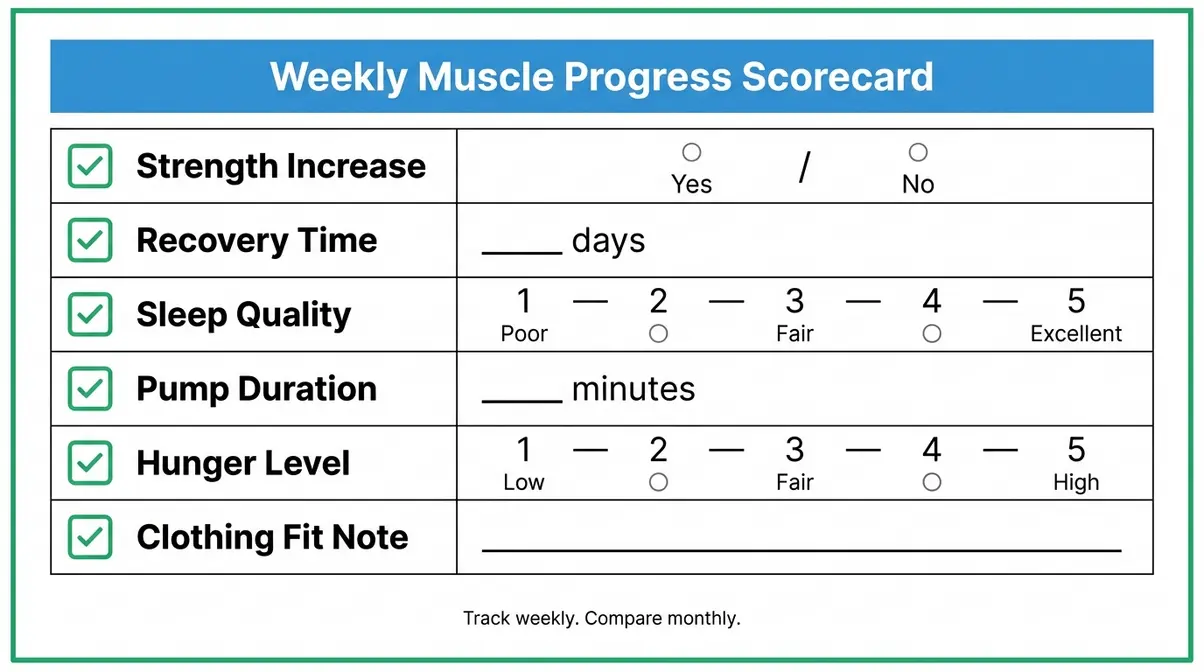 Weekly progress scorecard for tracking signs your muscles are growing across all four layers