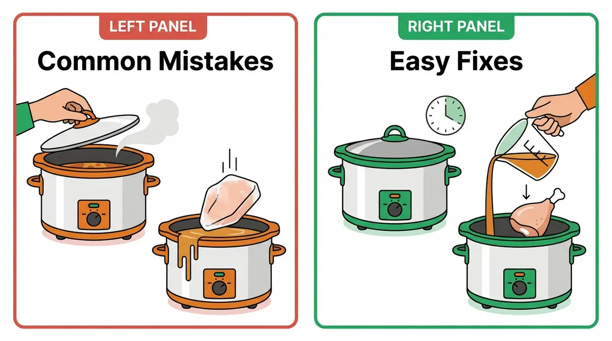 Slow Cooker Guide For Beginners: Safety, Tips &Amp; Recipes 8 Side-by-side illustration of common slow cooker beginner mistakes and their easy fixes including lid lifting and excess liquid