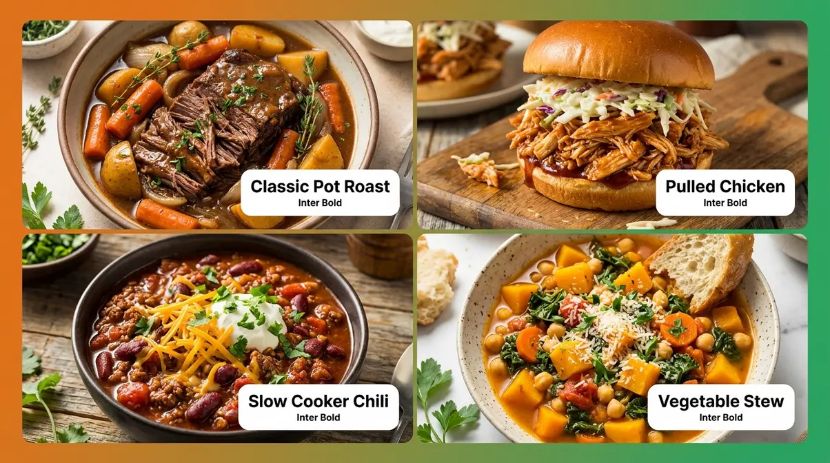 Slow Cooker Guide For Beginners: Safety, Tips &Amp; Recipes 2 Four beginner slow cooker recipes: pot roast, pulled chicken, chili, and vegetable stew shown in a four-panel grid