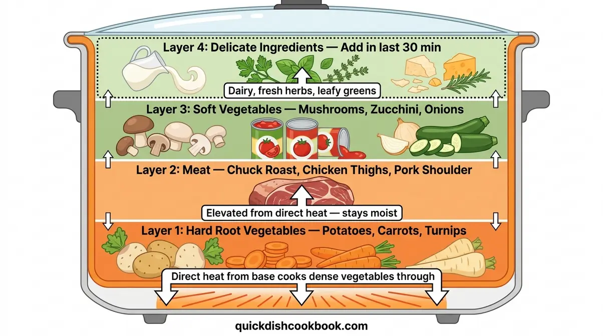 Slow Cooker Guide For Beginners: Safety, Tips &Amp; Recipes 6 Cross-section diagram of a slow cooker showing the correct layering order: root vegetables at bottom, meat in middle, soft ingredients on top