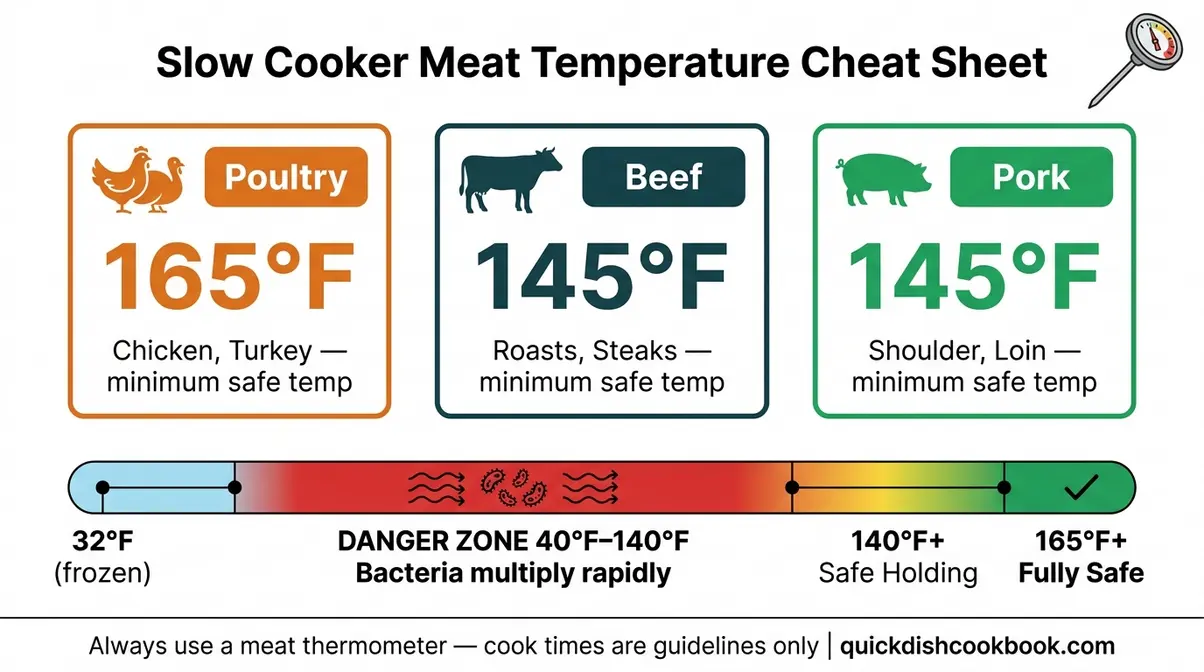 Slow Cooker Guide For Beginners: Safety, Tips &Amp; Recipes 7 Meat temperature cheat sheet showing 165°F for poultry, 145°F for beef and pork, with the danger zone 40–140°F highlighted