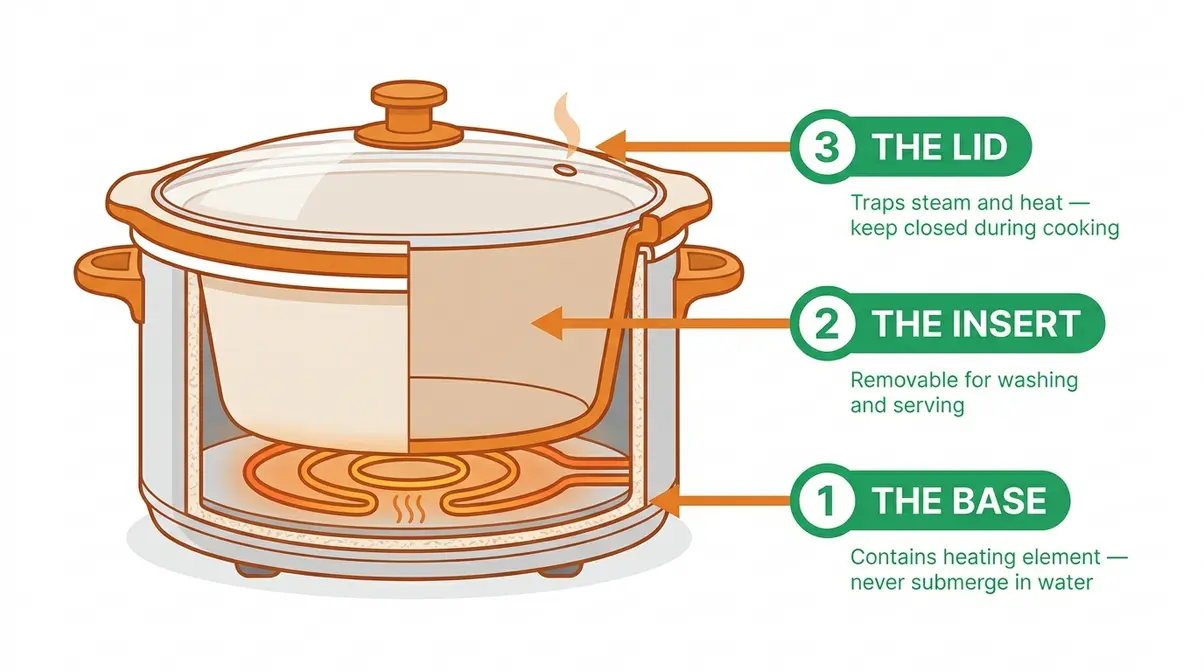 Slow Cooker Guide For Beginners: Safety, Tips &Amp; Recipes 3 Labeled cross-section diagram of a slow cooker showing the base, ceramic insert, and glass lid with beginner annotations